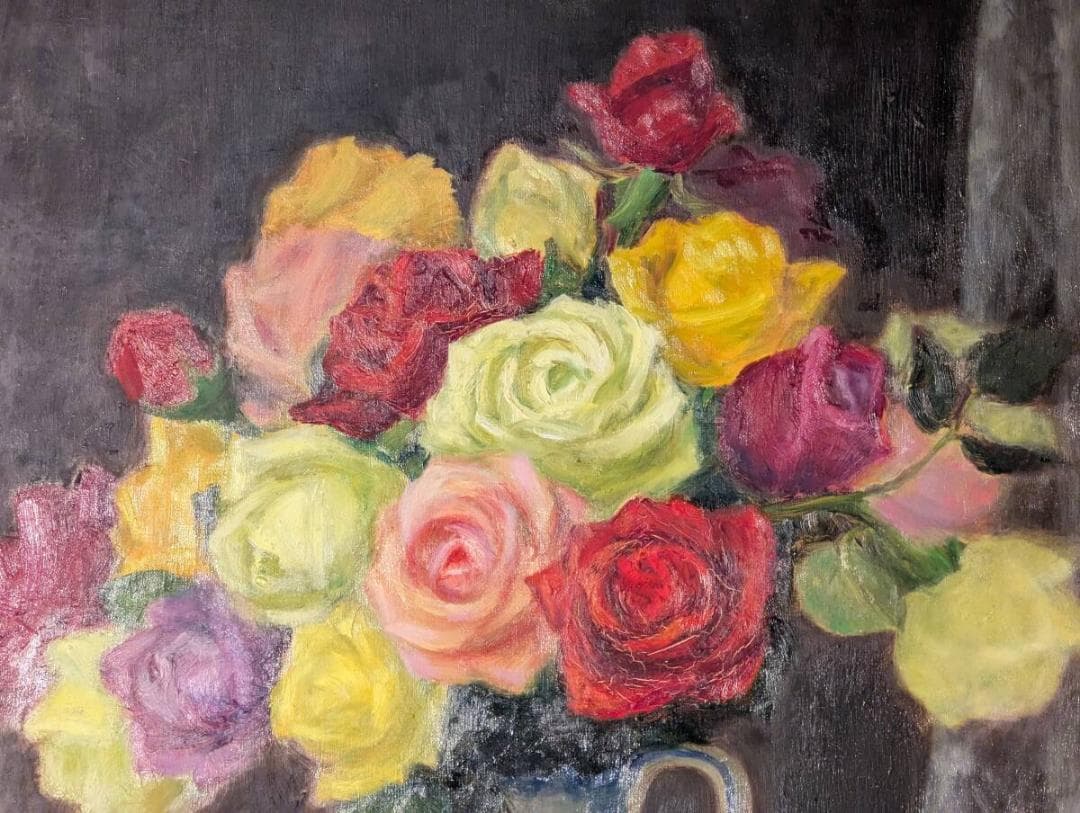 【真作】絵画　長生玲子　油彩10号　花瓶のバラ　彩り豊か　箱・黄袋入　Y150