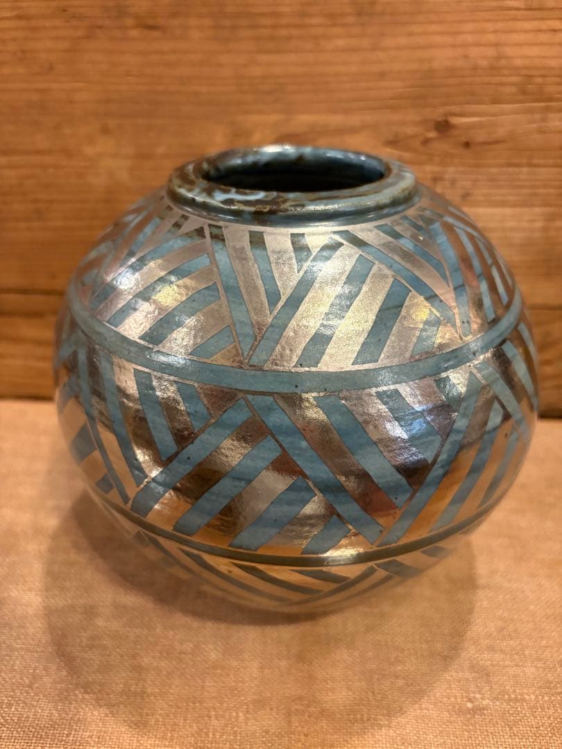 松崎健 呉須釉白金彩更紗文壷 共箱 未使用品 松崎健