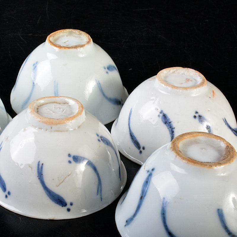 中国　南京染付　青花メダカ文煎茶碗　五客　M　6845