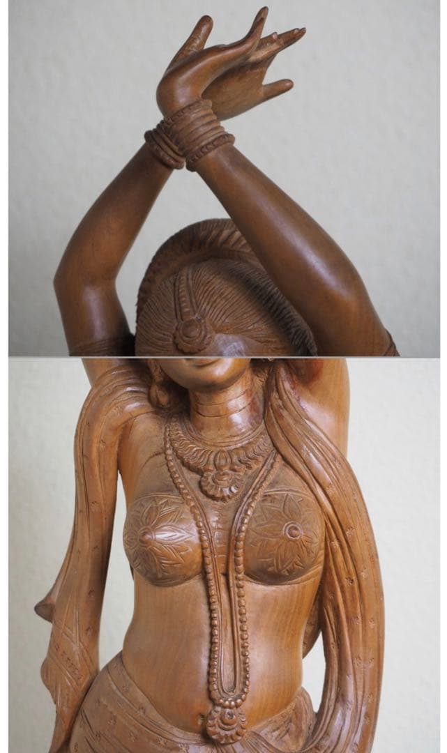 送料無料 時代物 老山白檀香木インド白檀細密彫刻女神像高さ