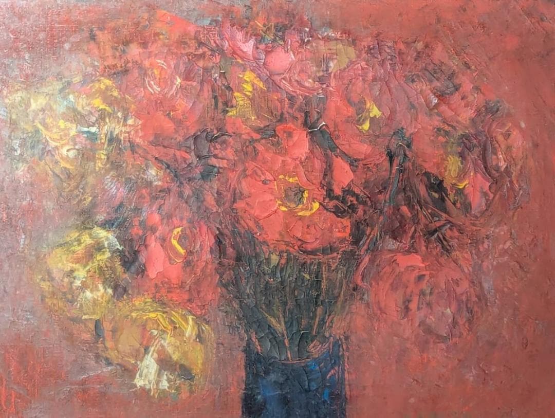 【真作】絵画　油彩4号　情熱の赤に咲く花束　力強いマチエールの一枚　Y101