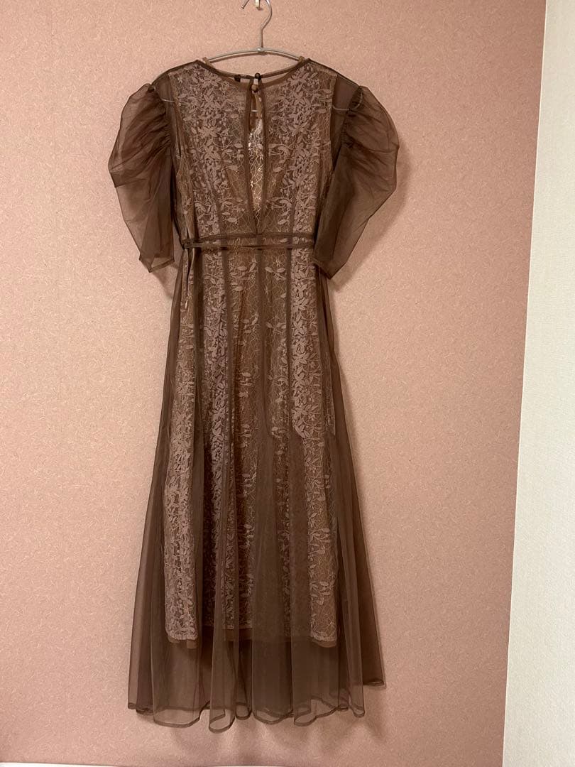 【LEJA】花柄総レースパフスリーブウエストリボン ドレス パーティ ワンピース