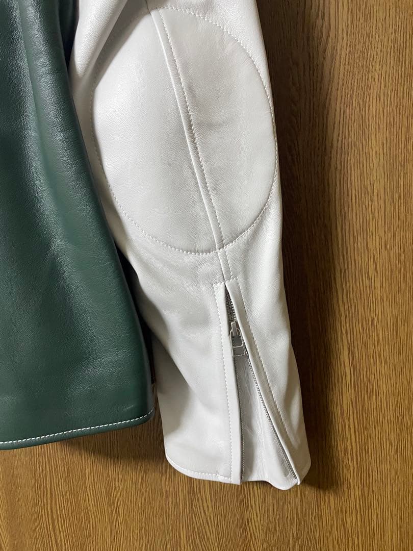 レザー シングルライダースジャケット グリーン/ホワイト