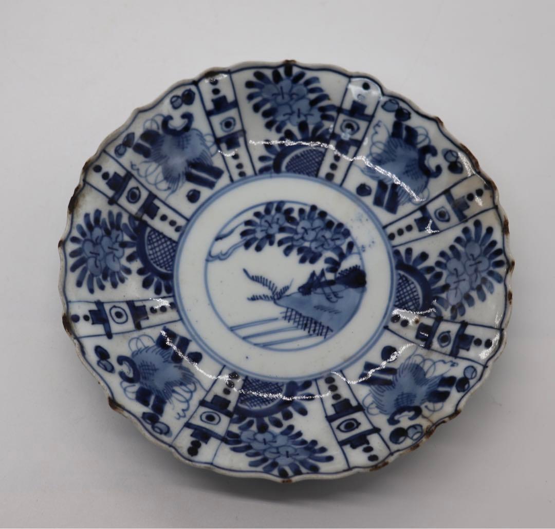 中国　明時代　染付花卉昆虫紋花口皿4点　送料込み0201