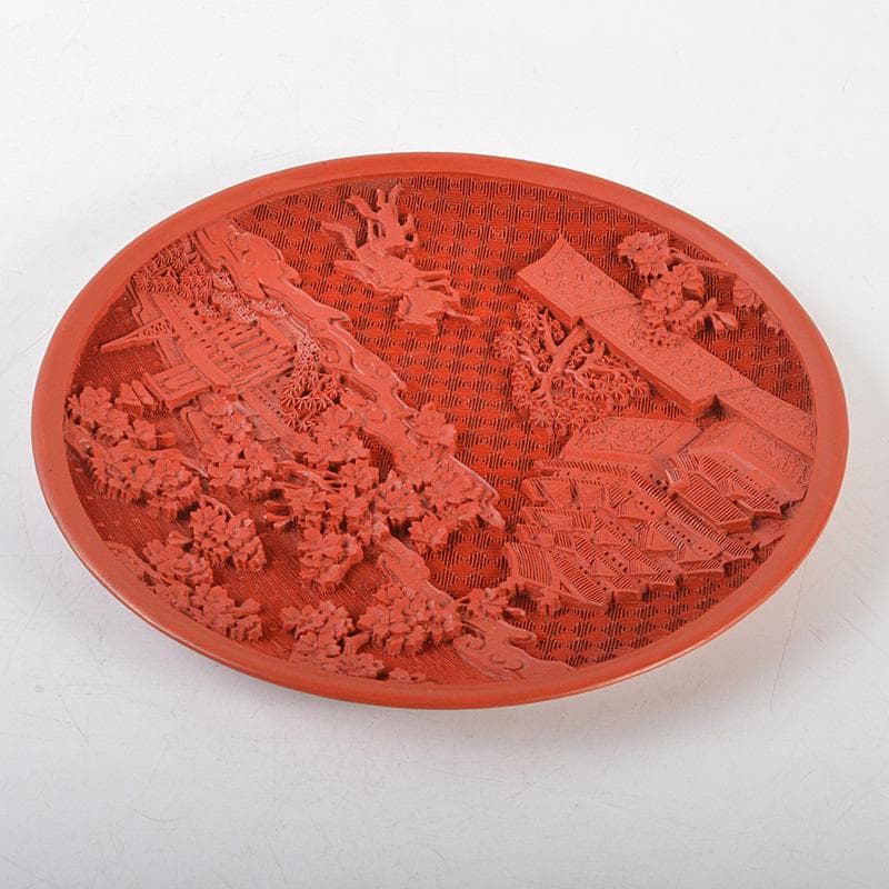 中国　堆朱　山水楼閣文盤　飾皿　飾立付　V　6535