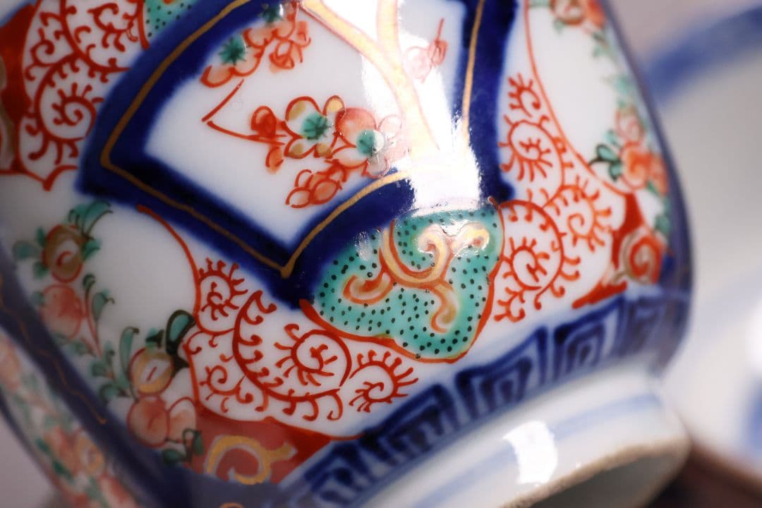 【CM125】古伊万里 扇面 色絵向付 五客 猪口 小鉢 扇面 草花 唐草 錦