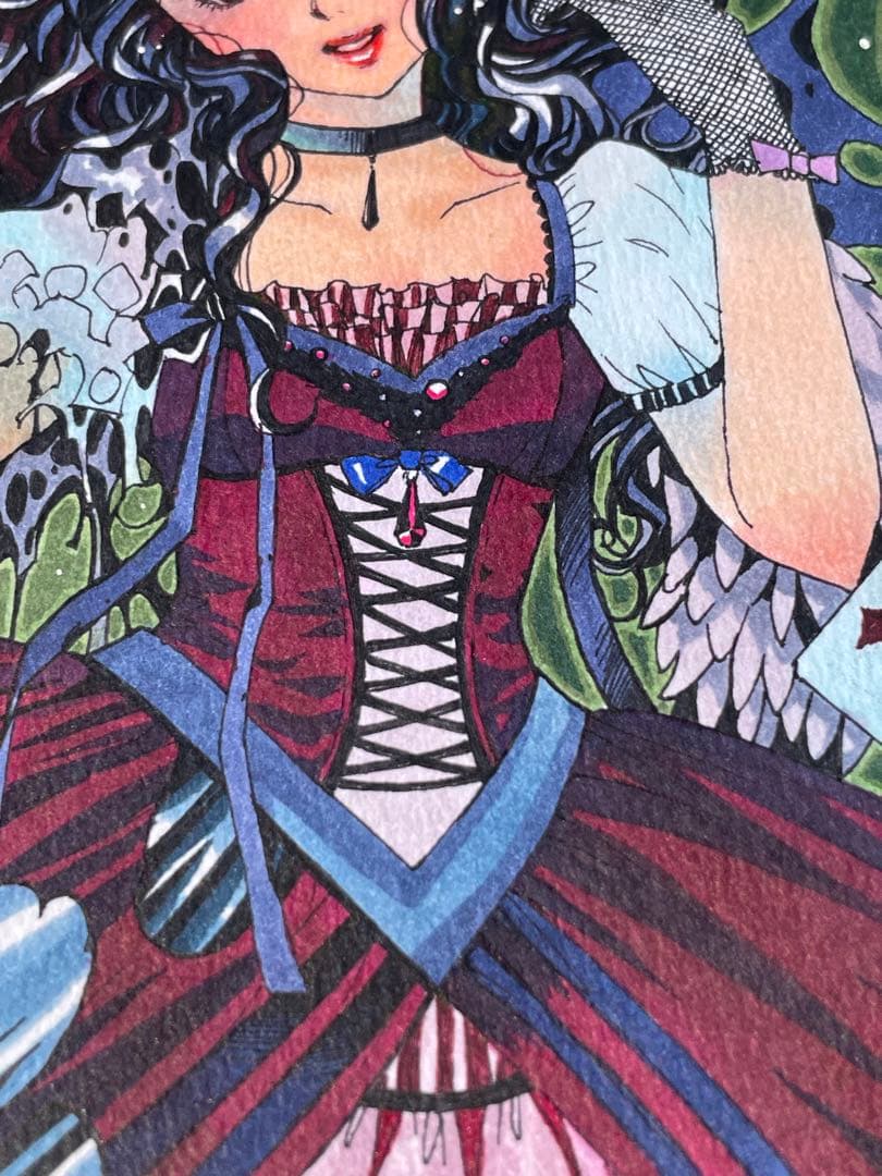 真作　Fukasawa Naoko「Blue Moon」水彩 ゴスロリ　アリス