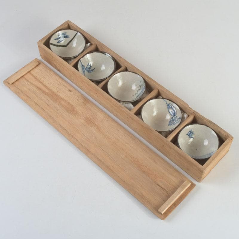 京焼　平安陶工　清水七兵衛造　染付　草鳥文　ぐい呑　盃　五客　共箱　V　9234