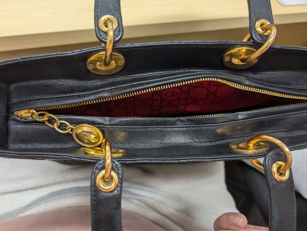 美品 ディオール レディディオール カナージュ レザー ハンドバッグ 黒