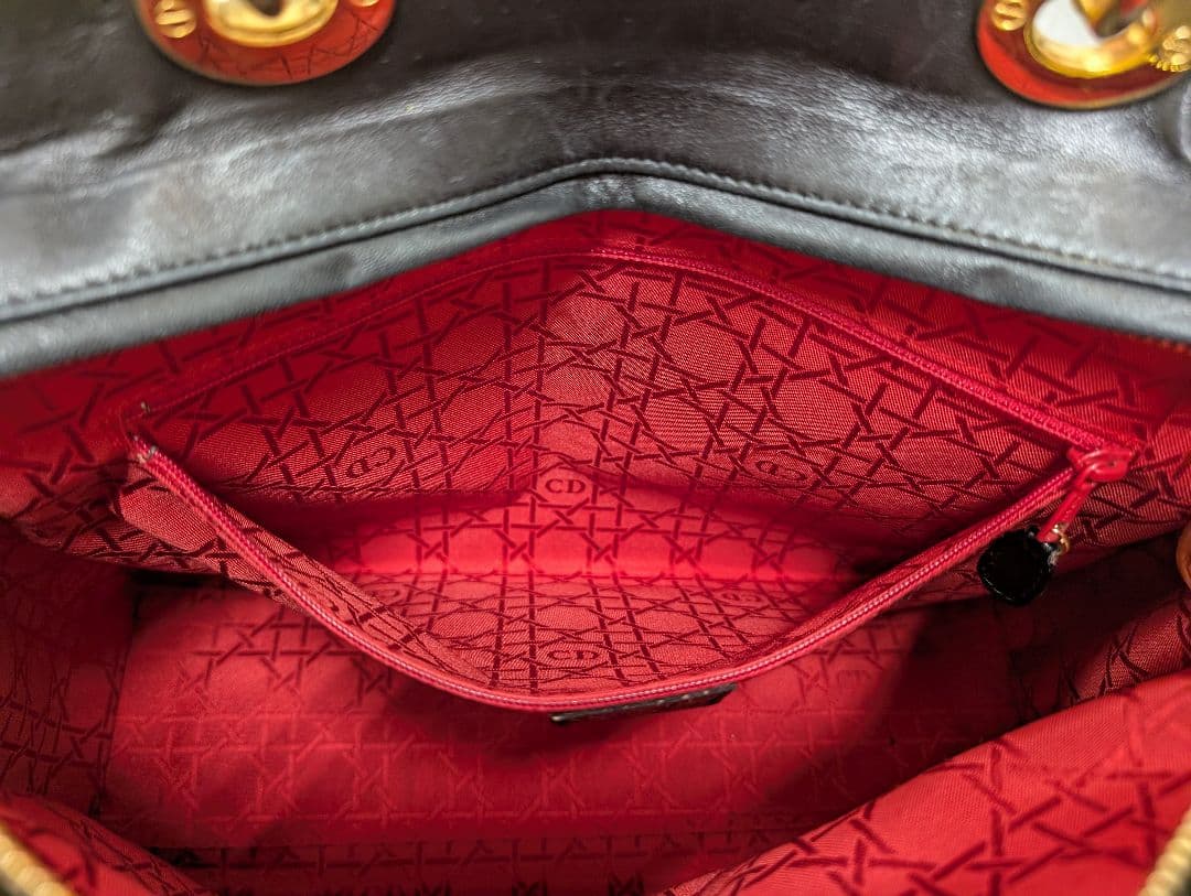 美品 ディオール レディディオール カナージュ レザー ハンドバッグ 黒