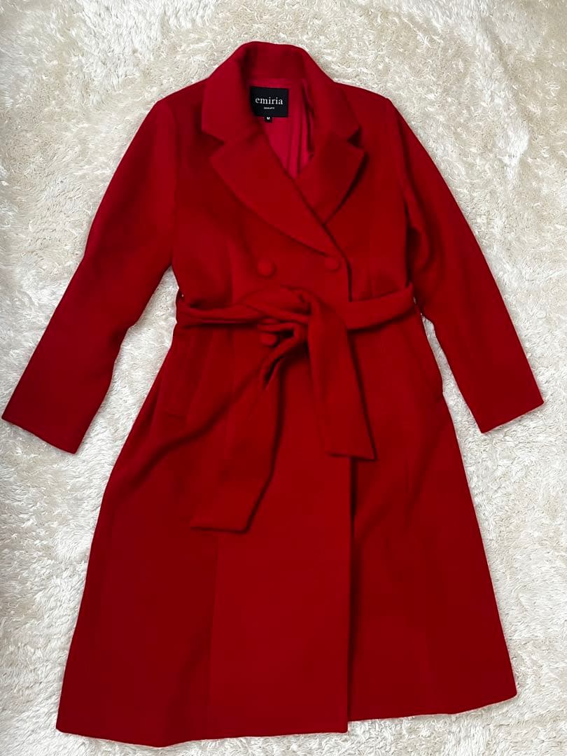 エミリアウィズ　チェスターコート　ウール　ベルト　赤　レッド　ロング　秋冬 チェスターコート アンゴラ ウール混 レディース ロング コート 秋 冬