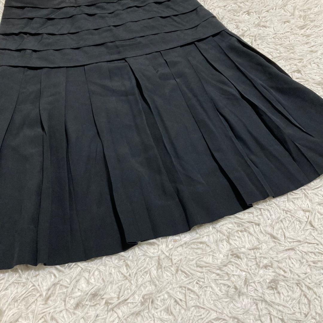 CHANEL ココマーク 切替 フリル プリーツ スカート シルク100% 黒