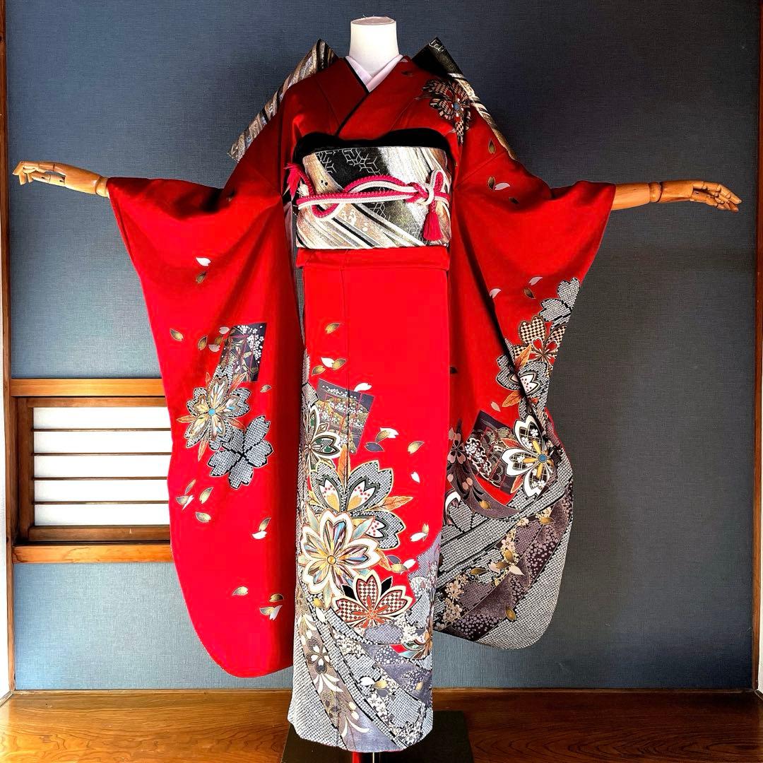 振袖フルセット 金彩友禅 成人式振袖 振袖 裄丈67 赤 桜 - メルカリ