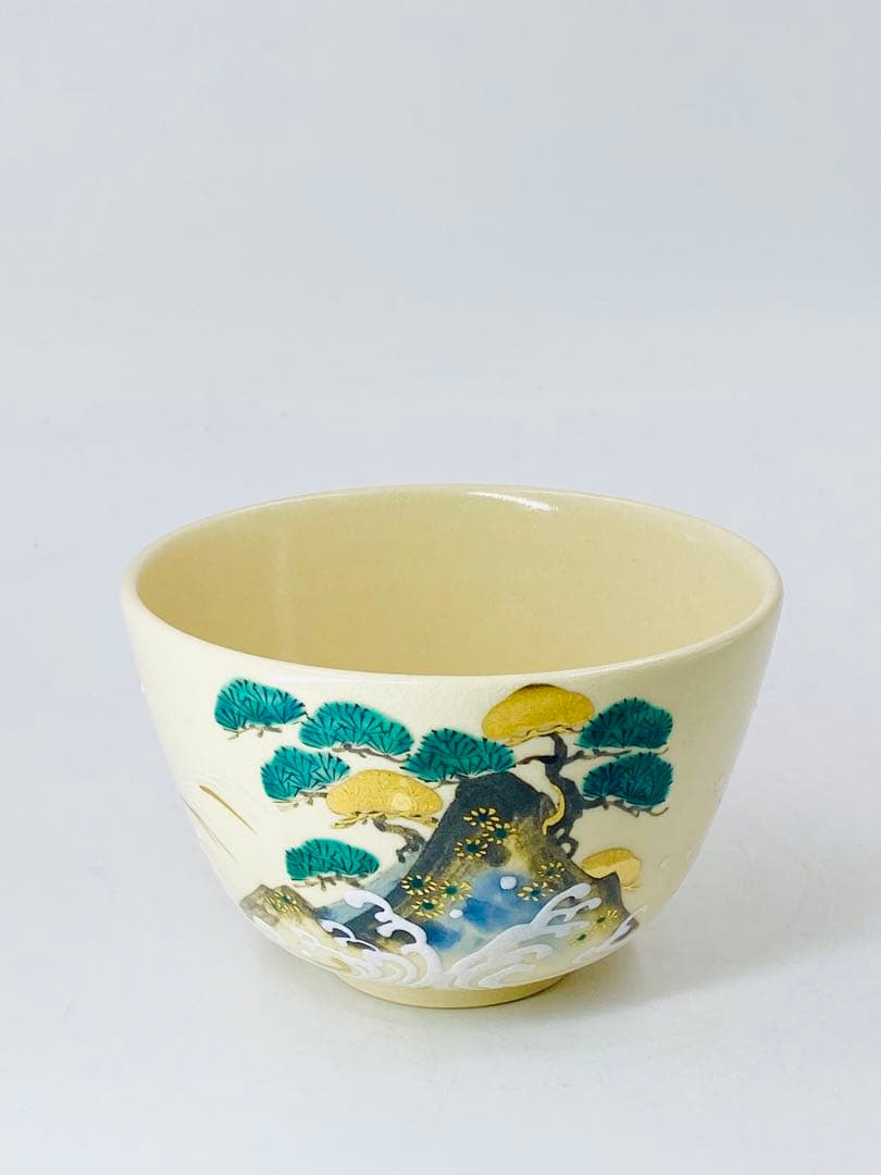 通次阿山】呉須色絵松島 茶碗 桐共箱 底部在銘 茶道具 京焼