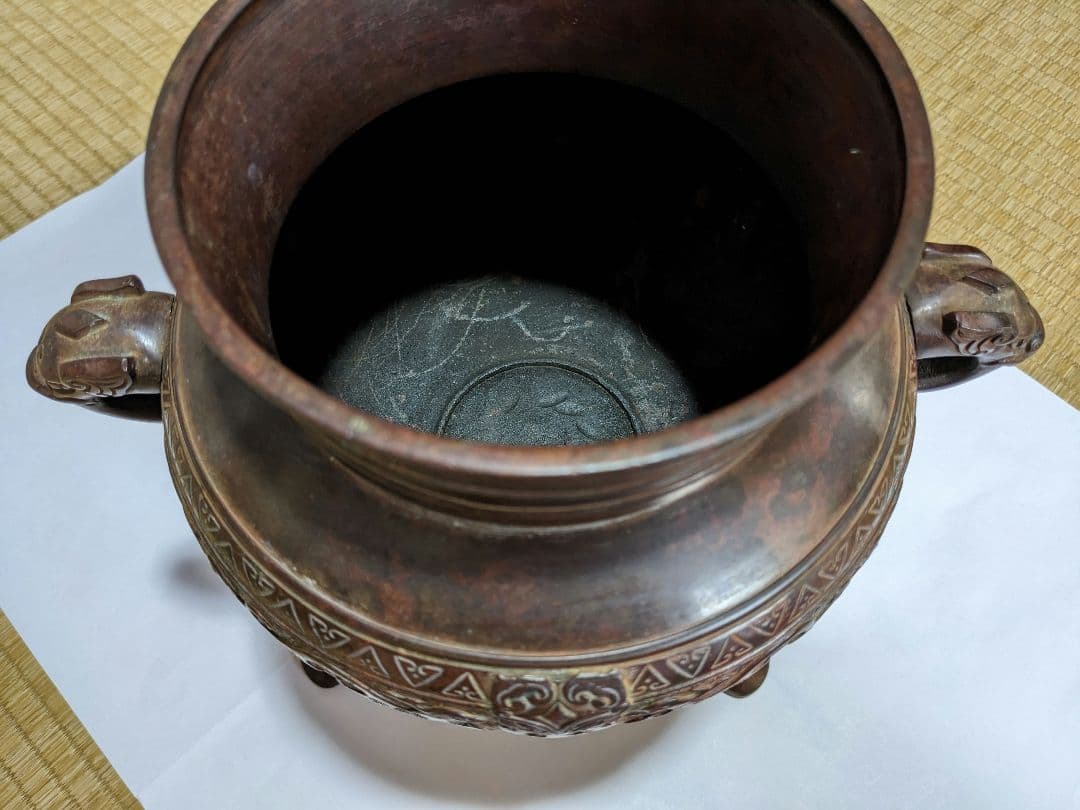 ♦銅器 神獣文 龍双耳 三足花器 初代 定塚義正 明治〜大正時代 花生 骨董品