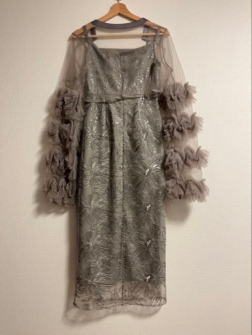 Leja フリルチュールスリーブリボン ラインワンピースドレス Sサイズ