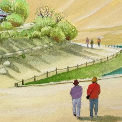 絵画「シルクロード～ 月牙泉のほとりの楼閣」　水彩画