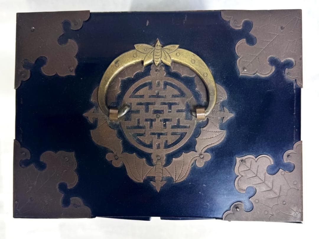 ビンテージ家具 木製青貝螺鈿細工 福禄寿全百宝嵌観音扉黒