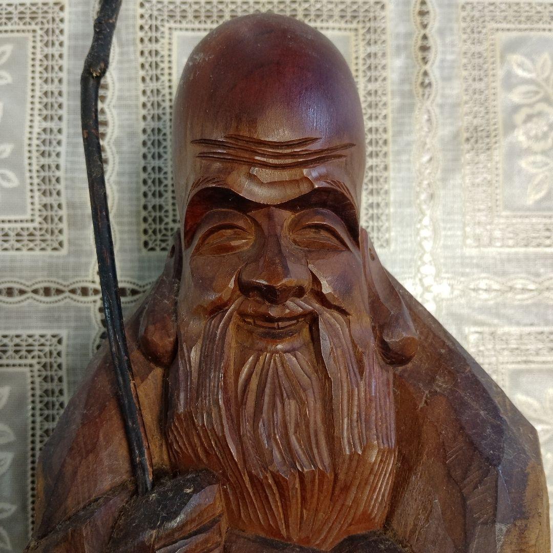 一刀彫『福禄寿寿老人』逸品、高さ42cm(如意棒含)