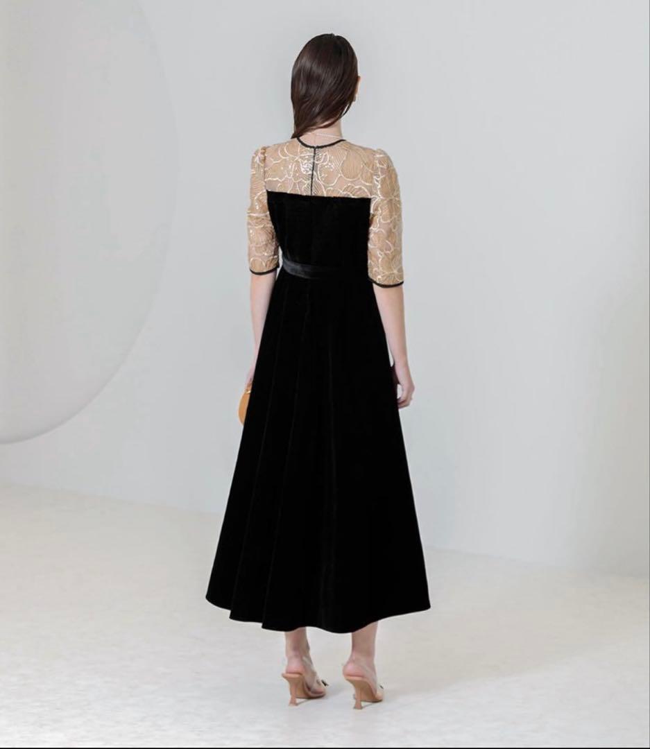 【LEJA】ビスチェ風ウエストベルト付きベロアワンピース