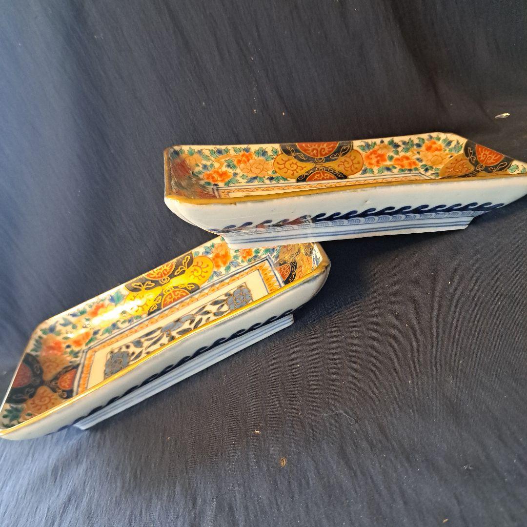 金彩豪華！古伊万里長皿(全5客)」 色絵皿(21×12cm) 2客