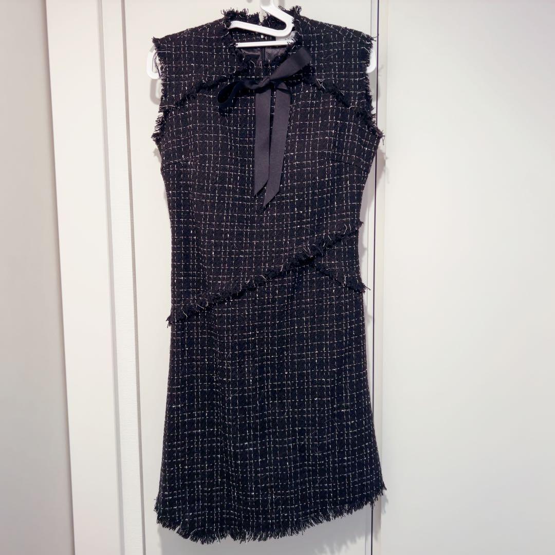 Andy フリンジノースリーブツイードドレス