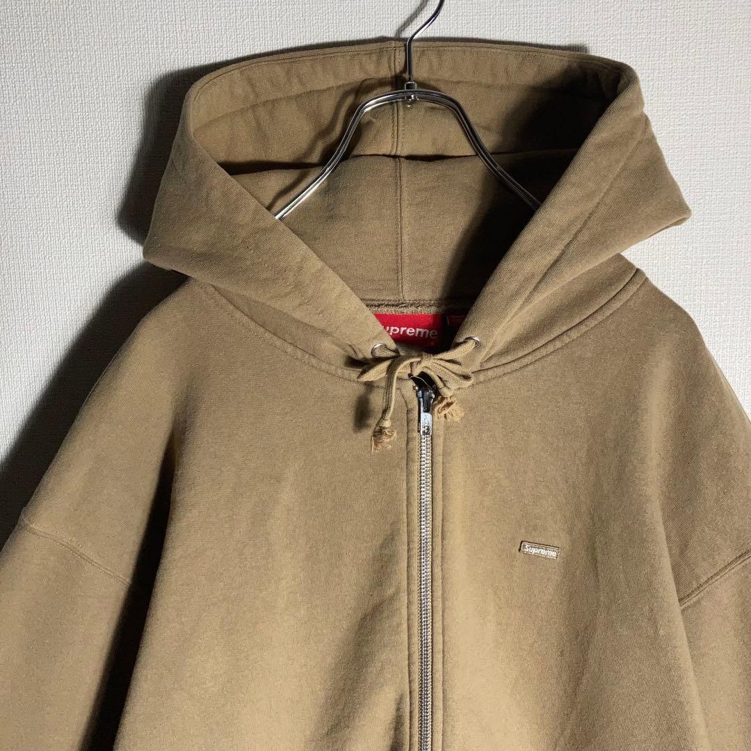 SUPREME フルジップパーカー スモールロゴ 刺繍 裏起毛 ベージュ L.