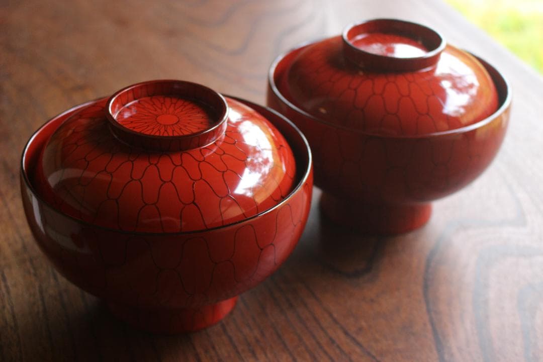 デッドストック！極上朱漆に風情ある網目文の美しい大椀2点（検