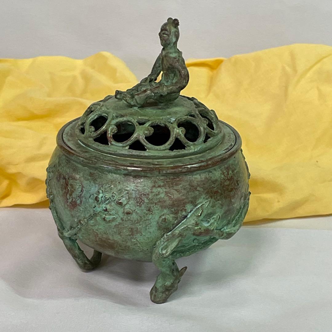 高岡銅器 須賀七郎作 月芳 蝋型鋳銅 香炉 唐子蓋梅文 共箱 証書 栞