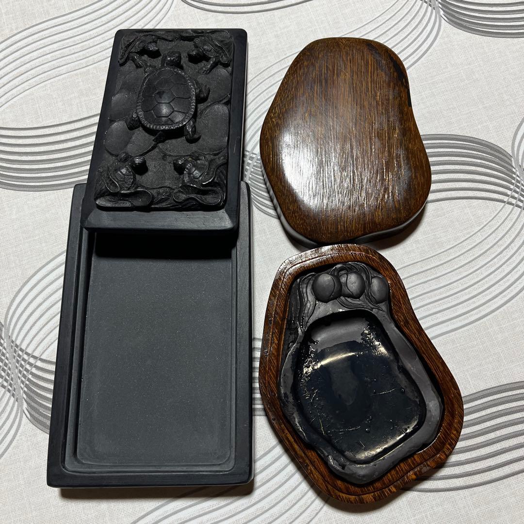 亀彫刻 木製硯箱 文箱セット