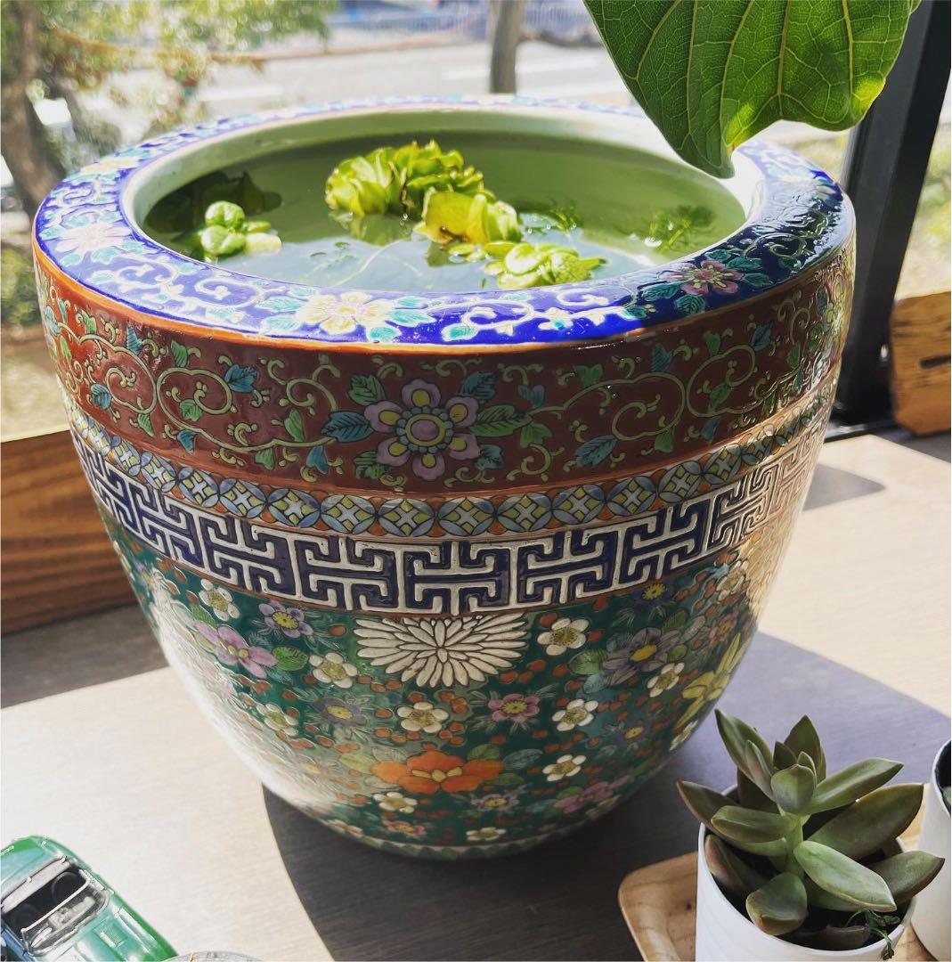 骨董 大型 古伊万里 伊万里 火鉢 十錦手 色絵 鉢カバー 睡蓮鉢 メダカ 金魚