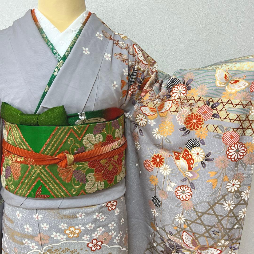 375 振袖フルセット 正絹 ブルーグレー 灰青 金彩 駒刺繍 三越 高級