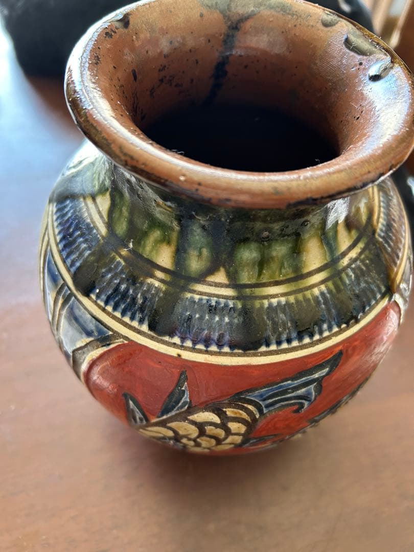 壺屋焼 小橋川清正氏 壺 赤絵 双魚 花瓶 ☆レア