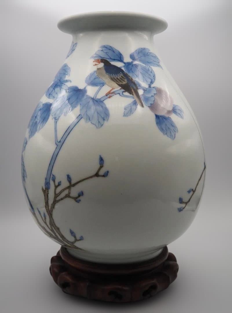 真葛香山 宮川香山 青華釉下彩花瓶 4鳥牡丹図 台付き - メルカリ