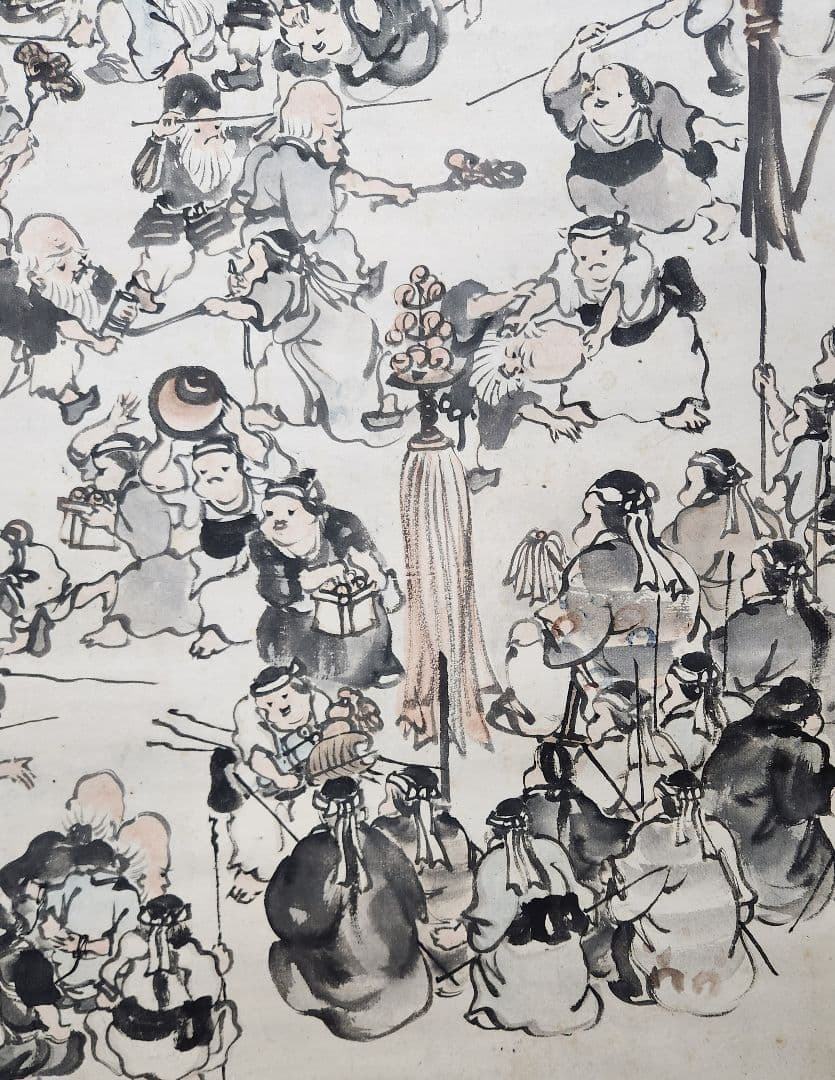 寿老百福戯図】皐月鶴年 723 寉年 鶴翁 祝時 掛け軸 お多福 肉筆