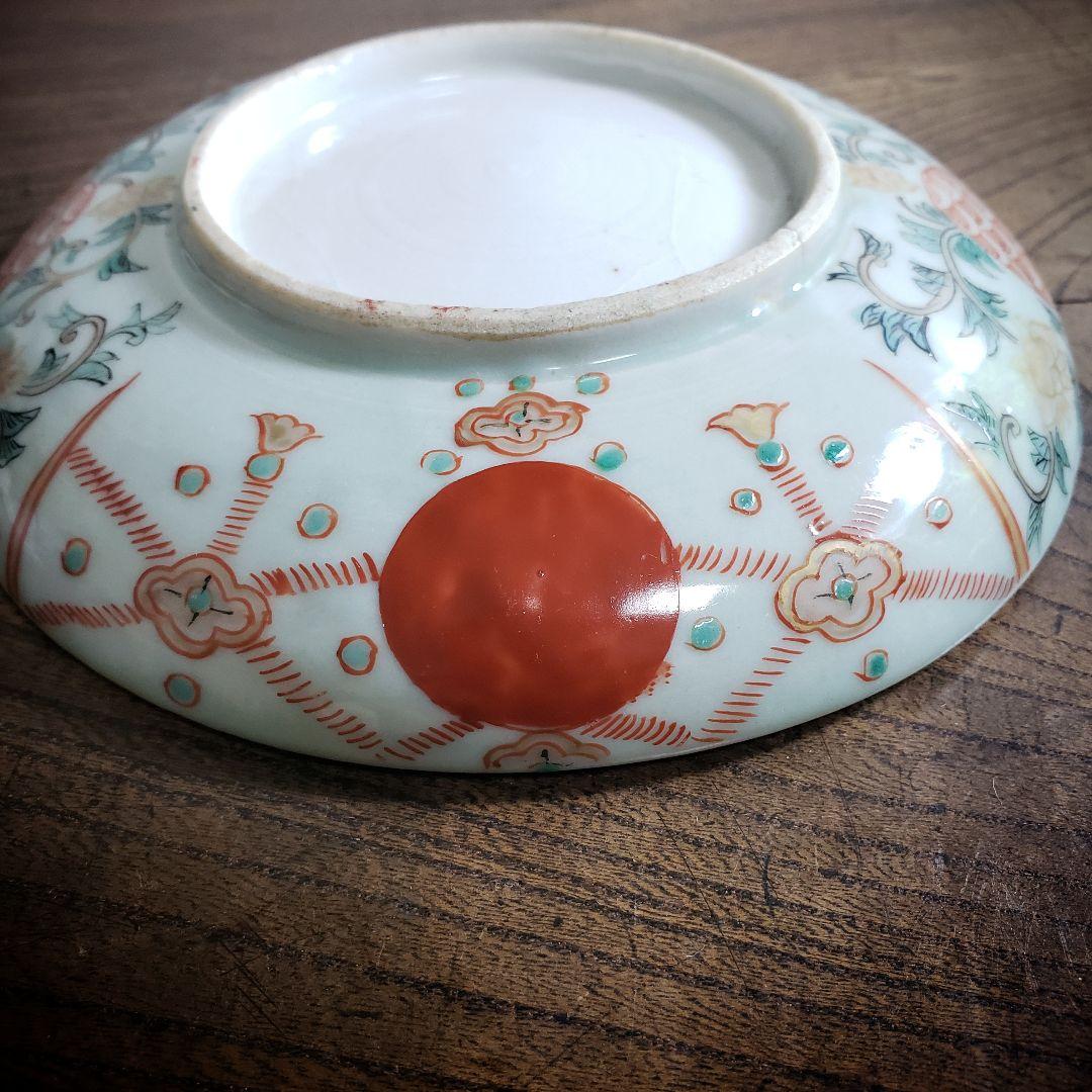 古伊万里　色絵付　中皿　赤絵　薄緑　草文様　希少図　トリアシ　ロ号　明治