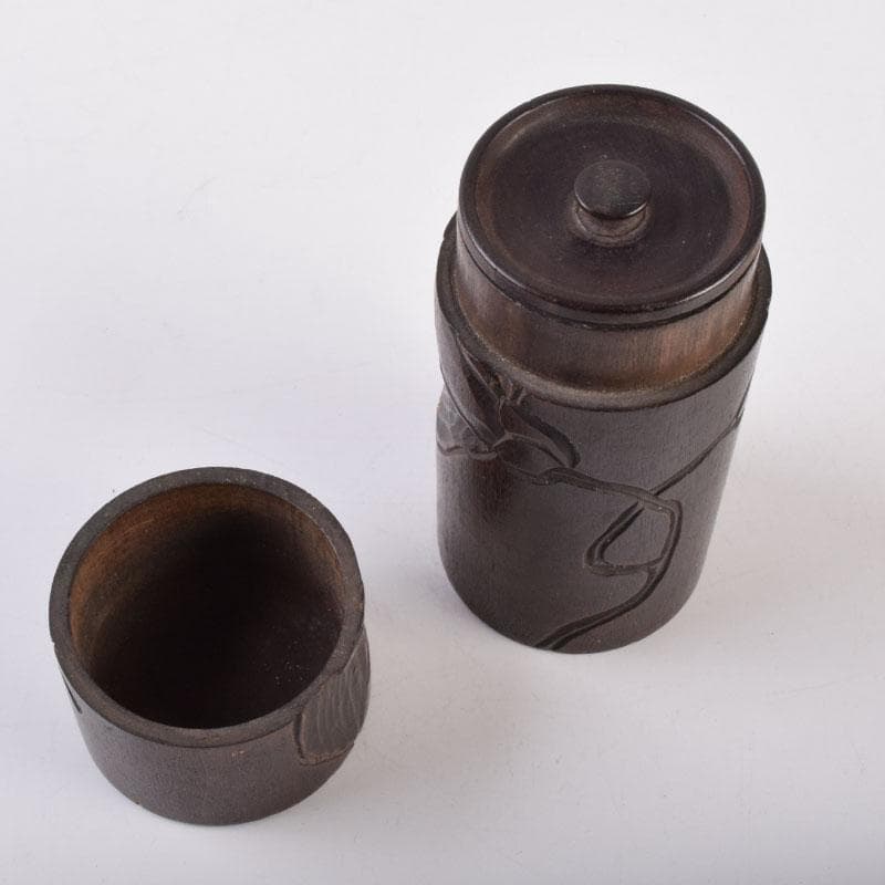 煎茶道具 木彫 椿図 茶筒 V 8508