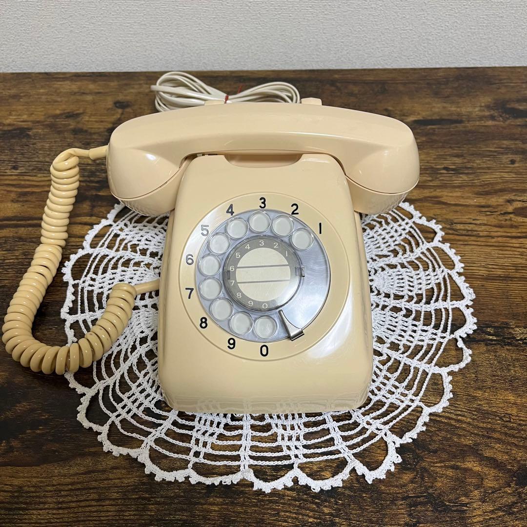 昭和レトロ 電話 発着信OK ダイヤル式 黒電話 クリーム色 東芝 601-A2