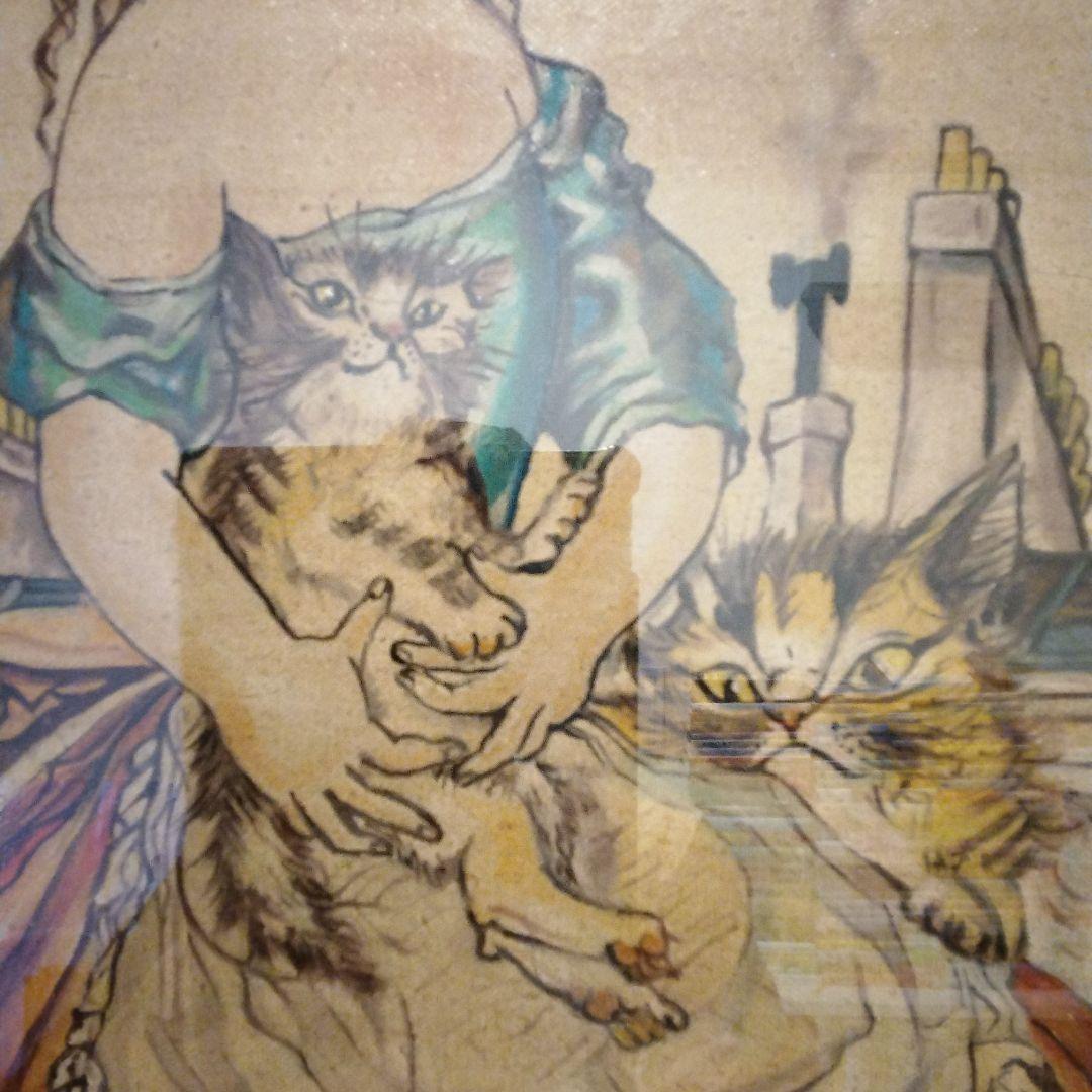 藤田嗣治 油彩F8号 パリ屋根の前の少女と猫 表サイン 裏 田村孝之介