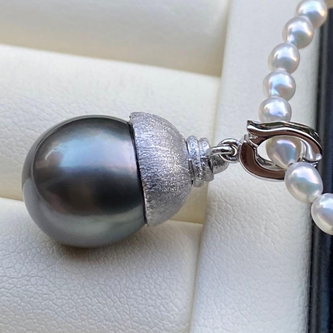 本真珠 南洋黒蝶真珠&あこや真珠ネックレストップ12mmダークグリーンPT826