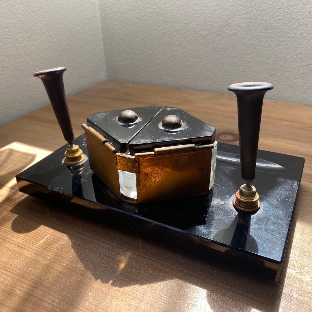 アンティーク デスク ペンホルダー インク壺 黒 インクポット 古道具の