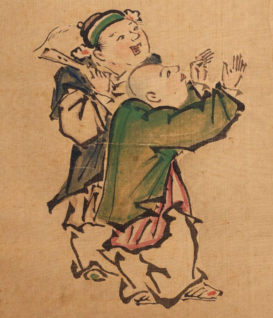 【模写】日本画 台賜如春斎典寿(勝部如春斎) 仙人唐子図 絹本 掛軸 MA834