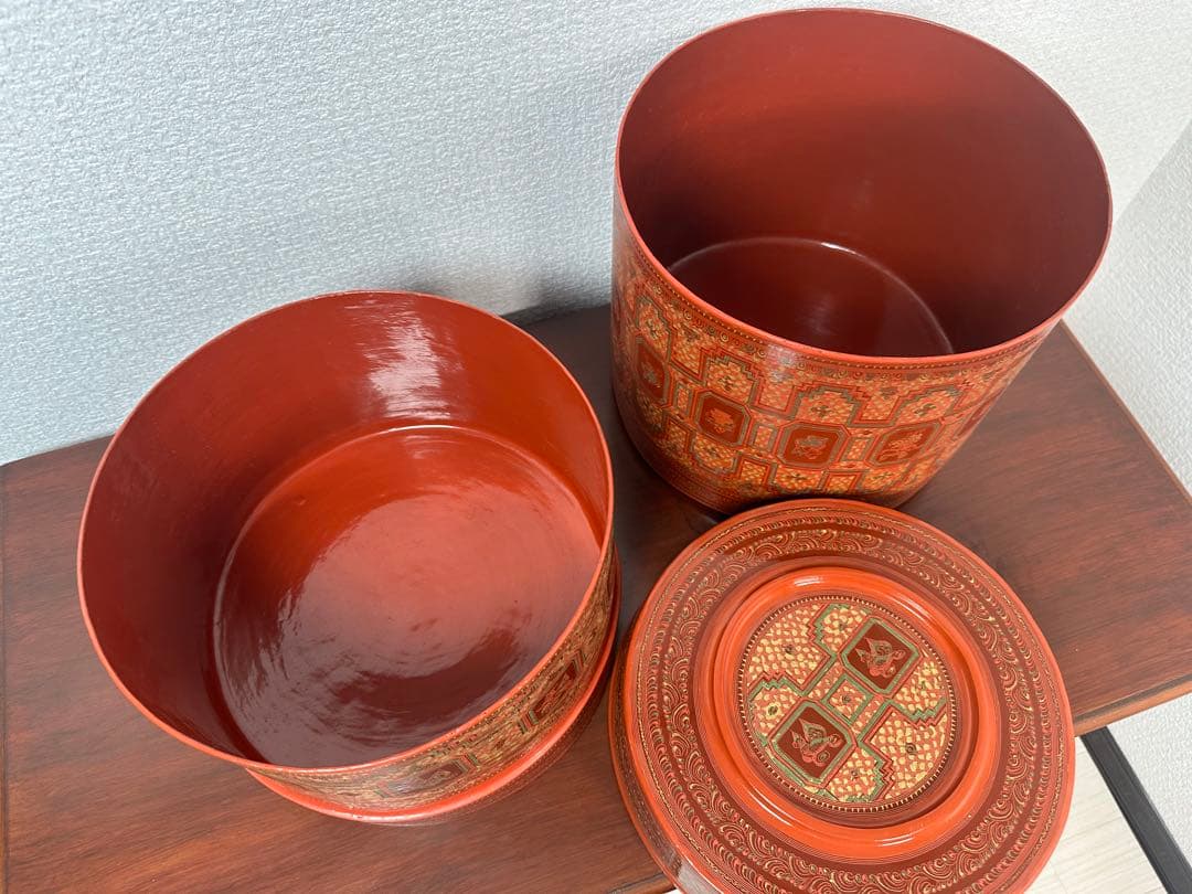 ミャンマー アンティーク 漆器 蒟醤 ビルマ 細密画 入れ子容器 ※31※